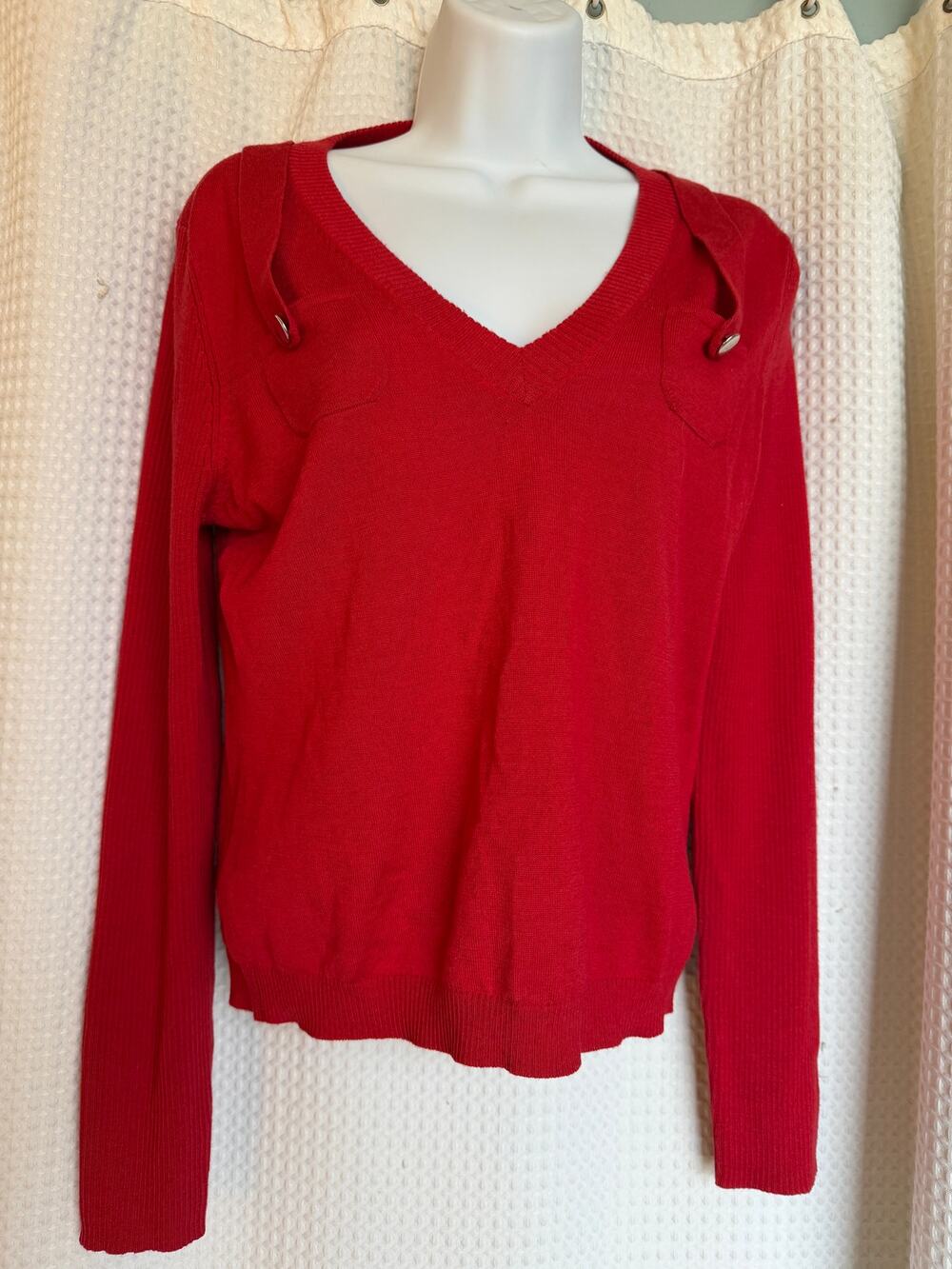 Trina Turk Red Wool Silk V-Neck Sweater L Shoulder Button